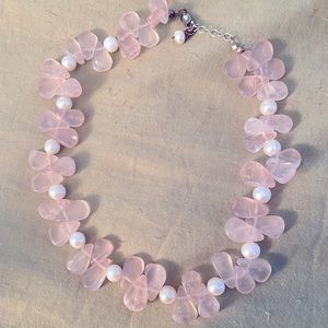 Rose Quartz and Pearl necklace with silver clasp/hanging pearl.